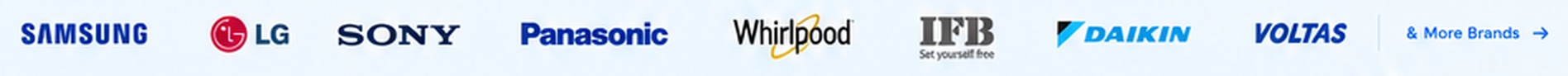 Trusted appliance brands we service: Samsung, LG, Sony, Panasonic, Whirlpool, IFB, Daikin, Voltas and more